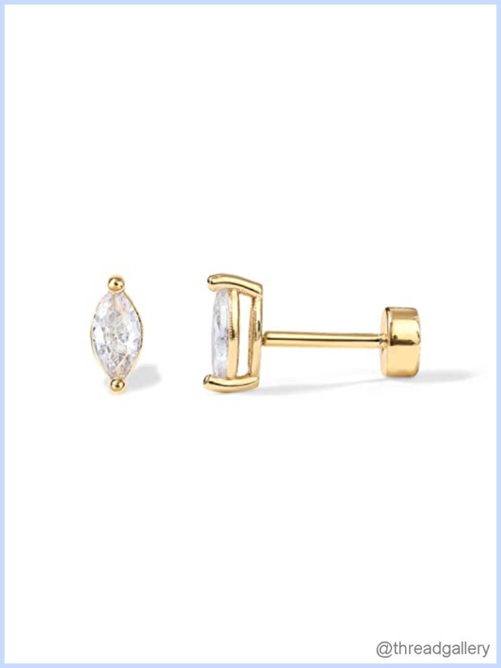 14K Gold Plated CZ Marquise Flat Back Screw Back Stud Earrings